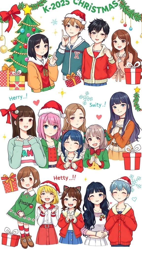 A collection of K-Pop Christmas doodles with idols in festive attire and holiday elements.